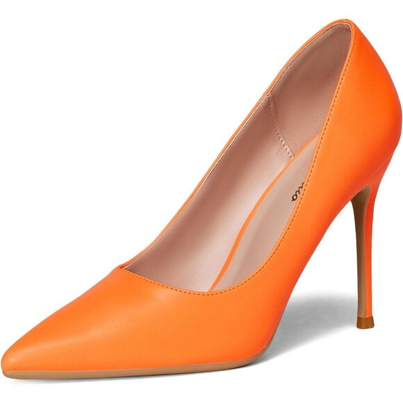 Women Orange Polyurethane Closed Pointed Toe Stiletto High Heel Shoes Pumps - Picture 1 of 9